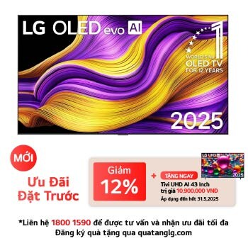 Front view of LG OLED evo AI G5 4K Smart TV. 12 Years of world number 1 OLED emblem and LG OLED evo AI 2025 logo are on the screen.