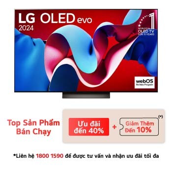 Hình ảnh mặt trước với TV LG OLED evo AI, OLED C4, Logo biểu tượng OLED 11 năm đứng đầu thế giới và logo webOS Re:New Program trên màn hình, cùng với Soundbar ở bên dưới