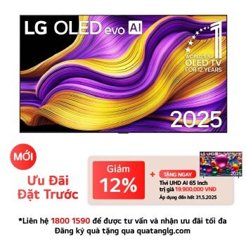 Front view of LG OLED evo AI G5 4K Smart TV. 12 Years of world number 1 OLED emblem and LG OLED evo AI 2025 logo are on the screen.