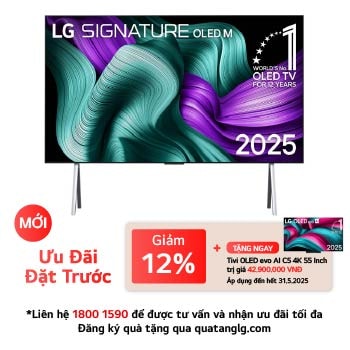 Front view of LG OLED evo AI G5 4K Smart TV. 12 Years of world number 1 OLED emblem and LG OLED evo AI 2025 logo are on the screen.