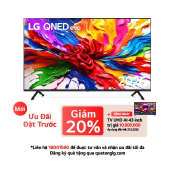 Front view of LG QNED evo QNED92 TV, LG QNED evo Al Logo on the top corner. LG QNED evo TV depicts colorful paintike textures coming together.