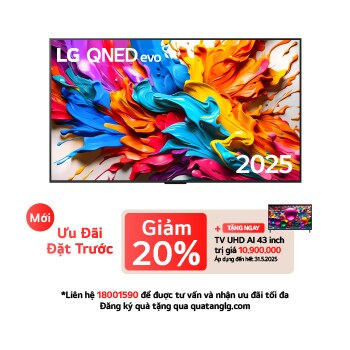 Front view of LG QNED evo AI QNED9M TV. LG QNED evo AI Logo on the. op corner. LG QNED evo TV depicts colorful paintike textures coming together. Zero Connect Box in the corner with the title, Zero Connect Box with 4K 144Hz wireless video & audio transfer.