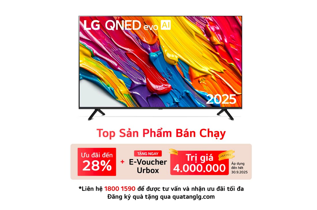 Front view of LG QNED evo QNED92 TV, LG QNED evo Al Logo on the top corner. LG QNED evo TV depicts colorful paintike textures coming together.
