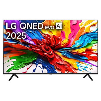 Front view of LG QNED evo QNED92 TV, LG QNED evo Al Logo on the top corner. LG QNED evo TV depicts colorful paintike textures coming together.