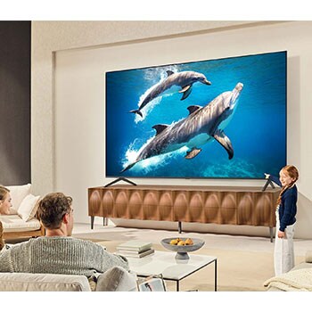 A family sits on a couch facing a LG QNED TV sitting above a TV stand with a little girl pointing to a screen depicting two dolphins. The title talks about how you can enjoy high resolution on a massive screen.