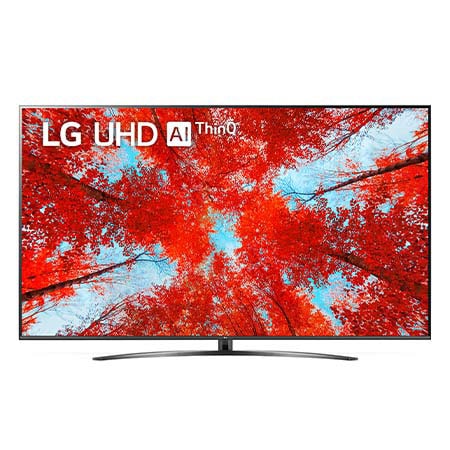 Hình ảnh mặt trước của TV LG UHD với hình ảnh bên trong và logo sản phẩm trên