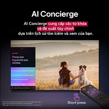 AI Magic Remote của LG trước màn hình LG TV. Trên màn hình là lời chào được cá nhân hóa từ LG AI với các từ khóa tùy chỉnh dựa trên lịch sử tìm kiếm và xem của người dùng. Bên cạnh điều khiển từ xa là một biểu tượng và nhãn cho thấy chức năng AI Concierge có thể dễ dàng truy cập chỉ với một lần nhấn nhanh vào nút AI. 