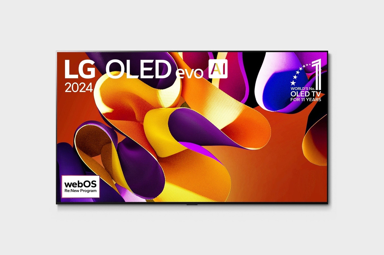 Hình ảnh mặt trước với TV LG OLED evo AI, OLED G4, Hình ảnh biểu tượng OLED 11 năm đứng đầu thế giới, logo webOS Re:New Program và logo Bảo hành tấm nền 5 năm trên màn hình