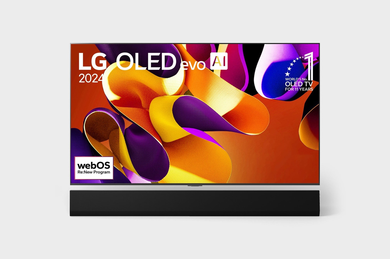 Hình ảnh mặt trước với TV LG OLED evo AI, OLED G4, Hình ảnh biểu tượng OLED 11 năm đứng đầu thế giới, logo webOS Re:New Program và logo Bảo hành tấm nền 5 năm trên màn hình, cùng với Soundbar ở bên dưới