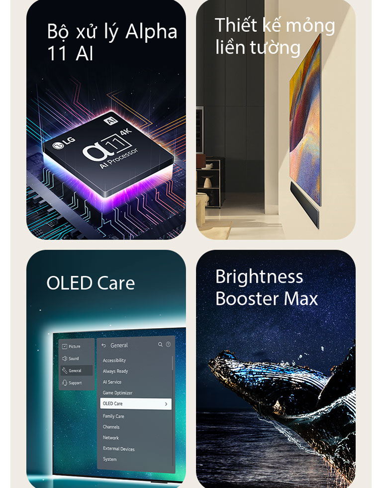 Bộ xử lý Alpha 11 AI 4K của LG đặt trên bo mạch chủ, phát ra những tia sáng màu tím và hồng.
