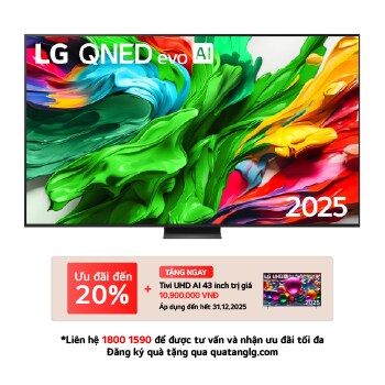 Front view of LG QNED evo TV, LG QNED evo Al Logo on the top corner. LG QNED evo TV depicts colorful paintike textures coming together.