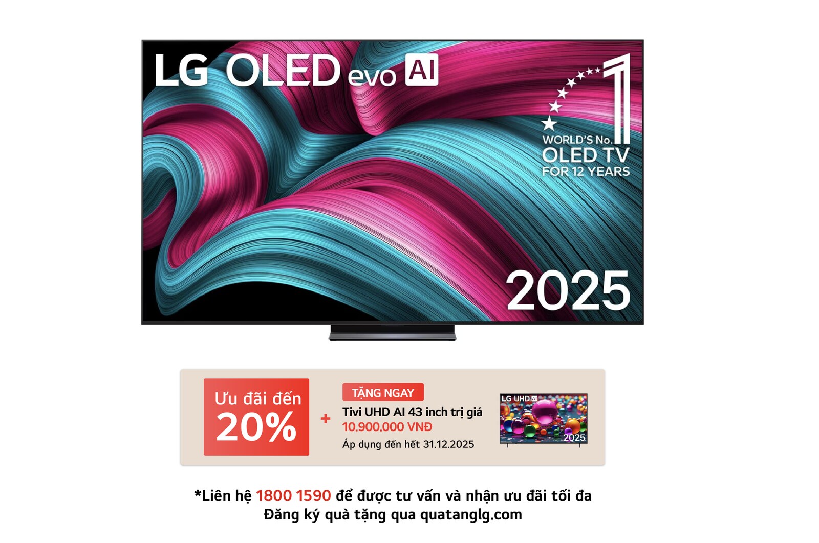 Front view of LG OLED evo AI C5 4K Smart TV. 12 Years of world number 1 OLED emblem and LG OLED evo AI 2025 logo are on the screen.