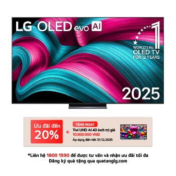 Front view of LG OLED evo AI C5 4K Smart TV. 12 Years of world number 1 OLED emblem and LG OLED evo AI 2025 logo are on the screen.
