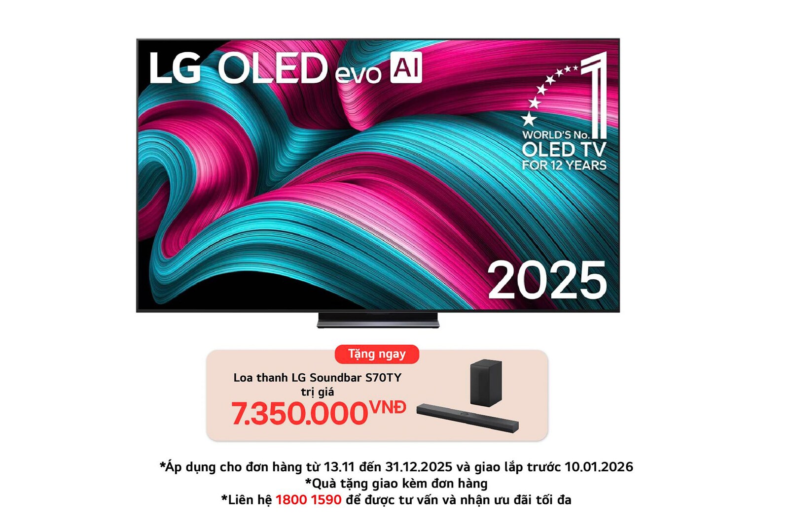 Front view of LG OLED evo AI C5 4K Smart TV. 12 Years of world number 1 OLED emblem and LG OLED evo AI 2025 logo are on the screen.