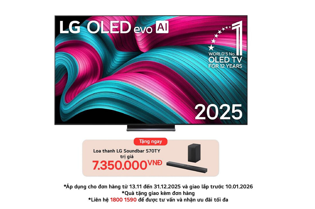 Front view of LG OLED evo AI C5 4K Smart TV. 12 Years of world number 1 OLED emblem and LG OLED evo AI 2025 logo are on the screen.