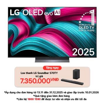 Front view of LG OLED evo AI C5 4K Smart TV. 12 Years of world number 1 OLED emblem and LG OLED evo AI 2025 logo are on the screen.