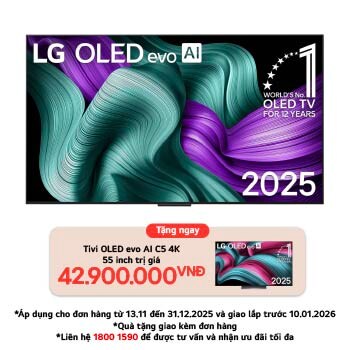Hình ảnh mặt trước của LG OLED M5 Signature TV. Biểu tượng OLED số 1 thế giới trong 12 năm và logo LG Signature OLED M hiện trên màn hình. Hộp kết nối không dây ở góc có tiêu đề, Hộp kết nối không dây có khả năng truyền video và âm thanh không dây 4K 120Hz