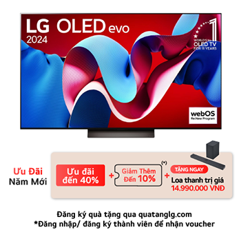 Hình ảnh mặt trước với TV LG OLED evo AI, OLED C4, Logo biểu tượng OLED 11 năm đứng đầu thế giới và logo webOS Re:New Program trên màn hình, cùng với Soundbar ở bên dưới