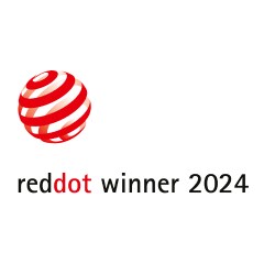 Logo thương hiệu chiến thắng giải Red Dot năm 2024, tượng trưng cho sự xuất sắc trong thiết kế.