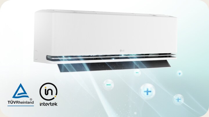 Máy điều hòa không khí treo tường màu trắng có chức năng ion hóa và logo TÜV Rheinland và Intertek.