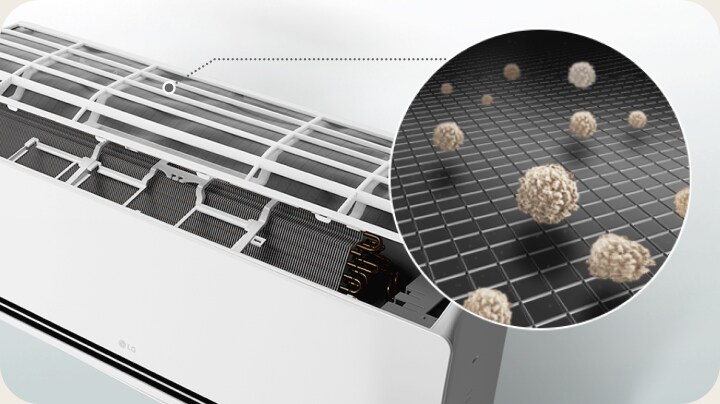Máy điều hòa LG có bảng điều khiển mở, cho thấy bộ lọc sơ bộ giữ lại các hạt bụi ở góc nhìn cận cảnh.