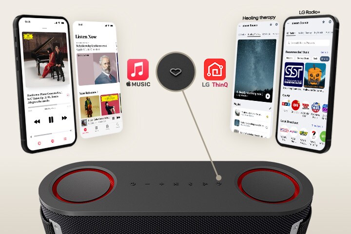 A phone with an app image in it and a virtual app image are shown on each left and right side. Apple music's app images and logo are on the left side while LG ThinQ app images and logo are on the right side. At the botoom xboom Stage 301's top part is shown with its "my button" emphasized.