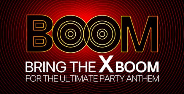 The word "BOOM" is written against the red light. The text is modified to emphasize its powerful sound. Below "BOOM," the phrase "BRING THE XBOOM FOR THE ULTIMATE PARTY ANTHEM" is shown. 	