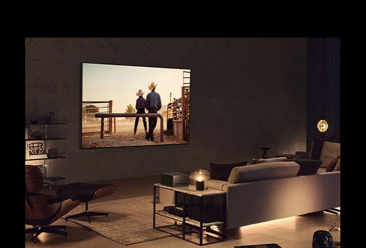 A man watching a cowboy movie with his dog in a cozy living space in the evening. There are no wires surrounding the wall-mounted LG OLED TV, and the Wireless Connect Box sits neatly on a side table.