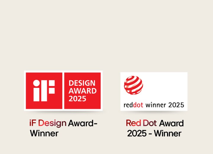 iF Design Award 2025 logo and Red Dot Winner 2025 logo.	