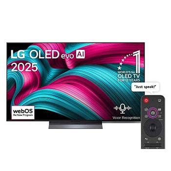 Front view of LG OLED evo AI C5 4K Smart TV. 12 Years of world number 1 OLED emblem and LG OLED evo AI 2025 logo are on the screen.