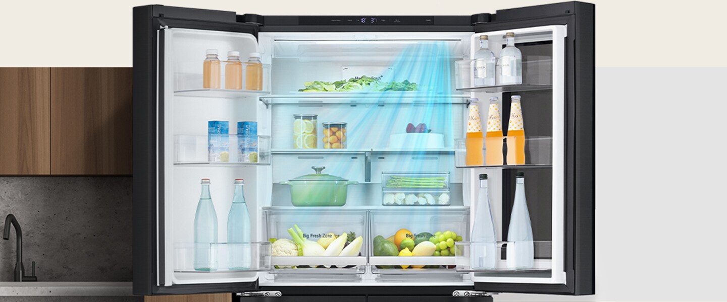 LG double door refrigerator with open doors, showcasing organised food items and beverages with airflow technology.