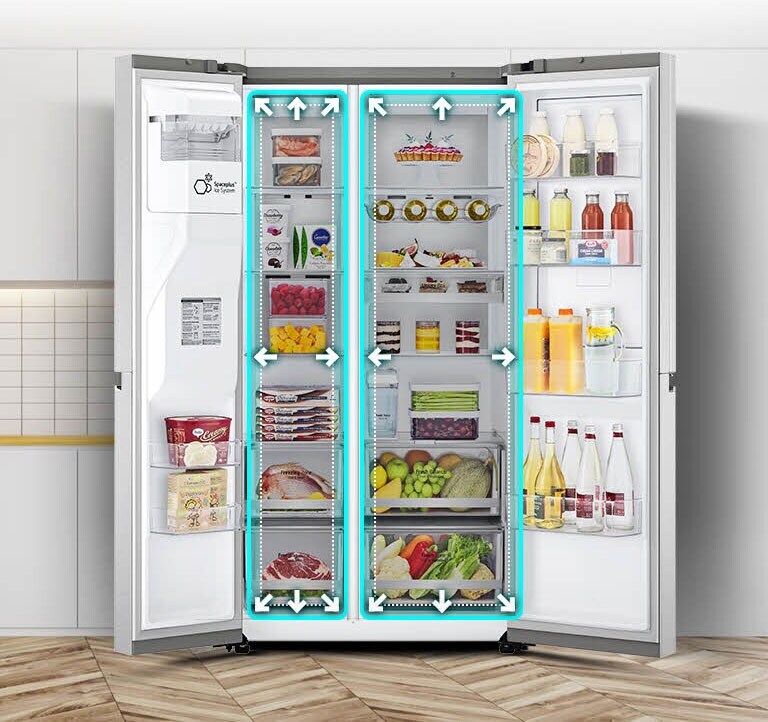 A video begins with the front view of the refrigerator with both doors wide open. The interior spaces are outlined in a neon lines and arrows begin to push the lines out to show that there is now more space inside. The neon square around the interior spaces flashes to show the difference between the new space and the old smaller space which is now outlined in a dotted white line.