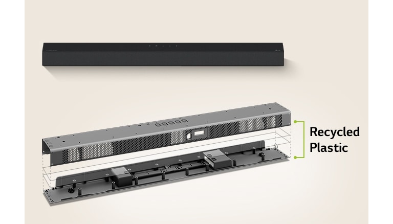 There is a front view of sound bar behind and a metal frame image of sound bar in front.