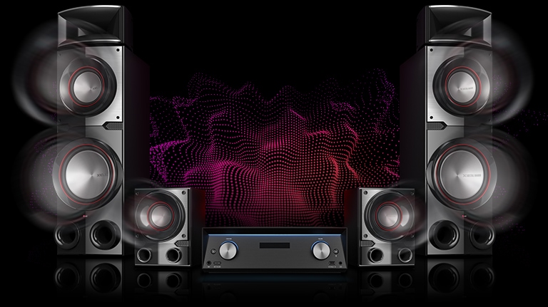 LG MR11 is placed against black background. Powerful sound graphics are coming out from the speaker units. Behind the receicer, abstract sound graphics are shown for illustrative purpose.