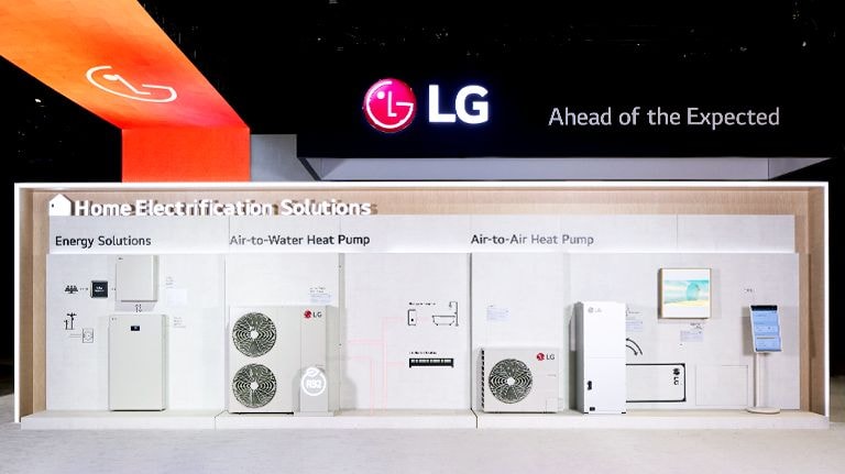 LG shows Home Electirification Solutions including Energy Solutions, Air-to-Water Heat Pump and Air-to-Air Heat Pump