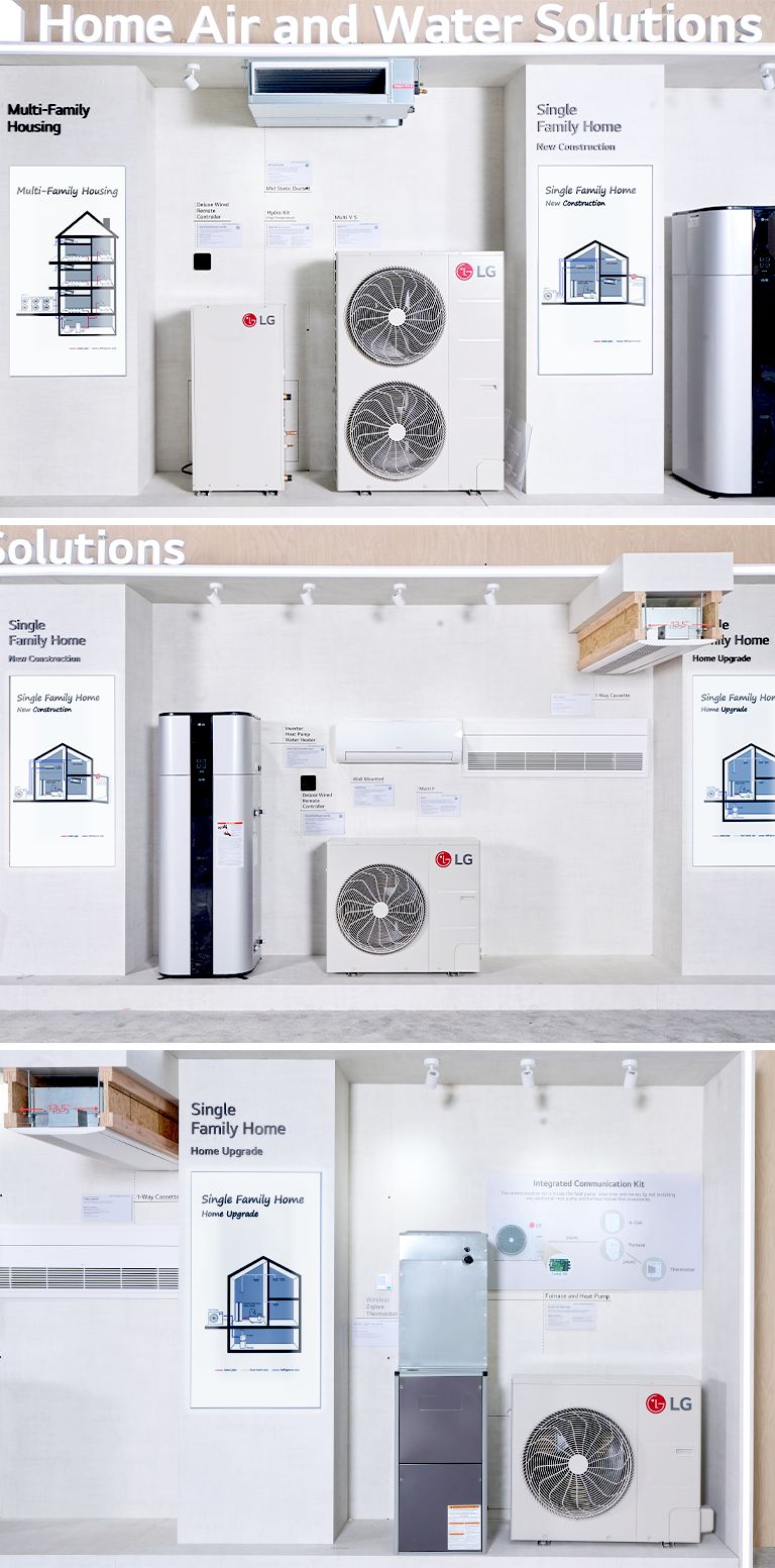 LG shows Home Air and Water Solutions in residential section including multi-family housing and single family home.