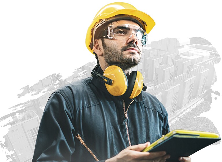 HVAC installer wearing a safety helmet