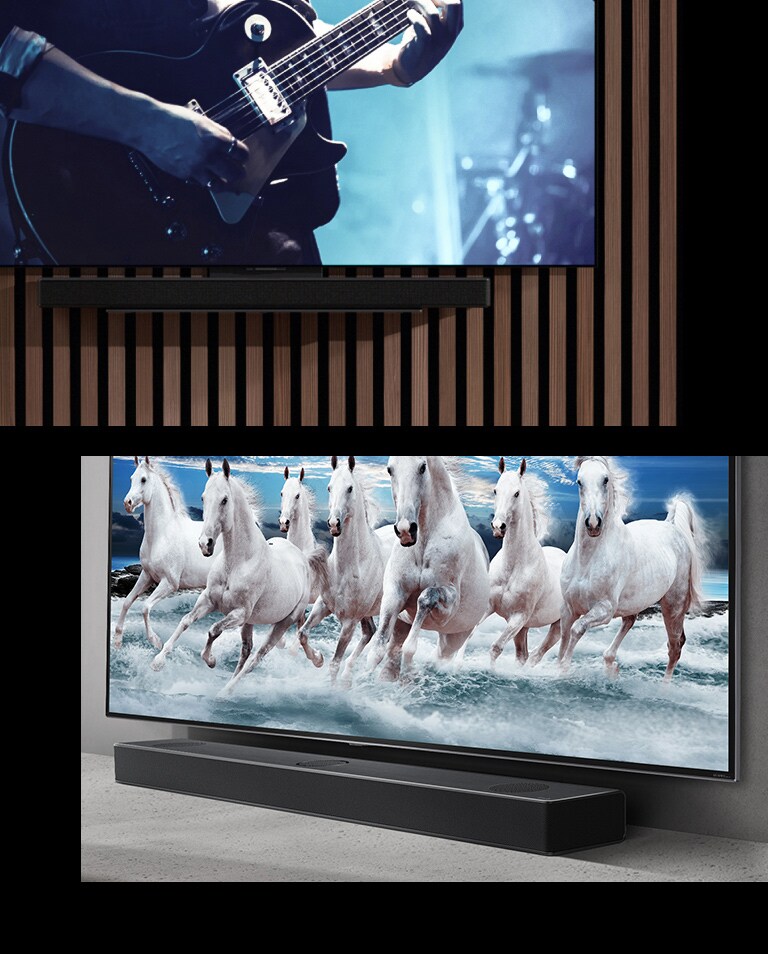 As a card image showing the matching design of a TV and a soundbar, the image above shows a TV and soundbar mounted on the wall with a screen displaying a scene of a guitarist playing under a blue light, and below, a TV and soundbar sitting on a shelf with a screen displaying an image of a white horse running on a blue beach.