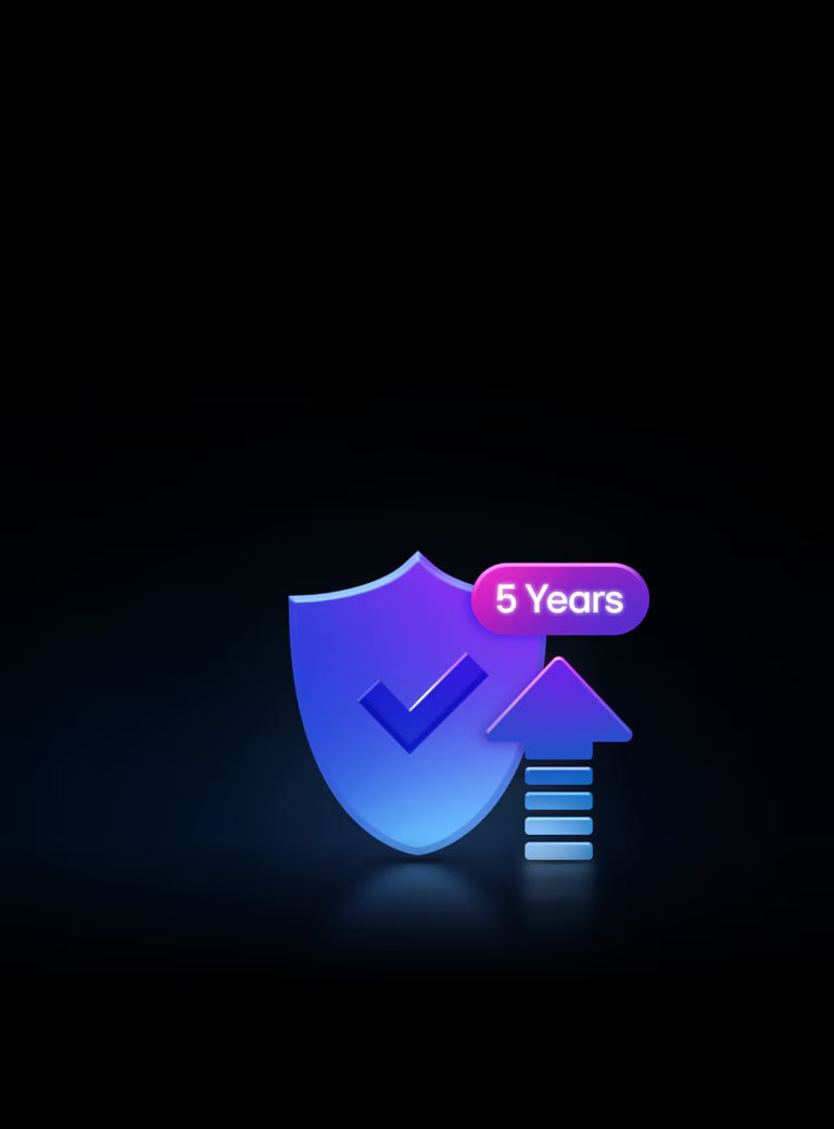 Neon graphics on a black background. Continuous 5-Year Protection shows a tick on a shield graphic, with an arrow pointing up and a bubble with the text '5 Years'. 