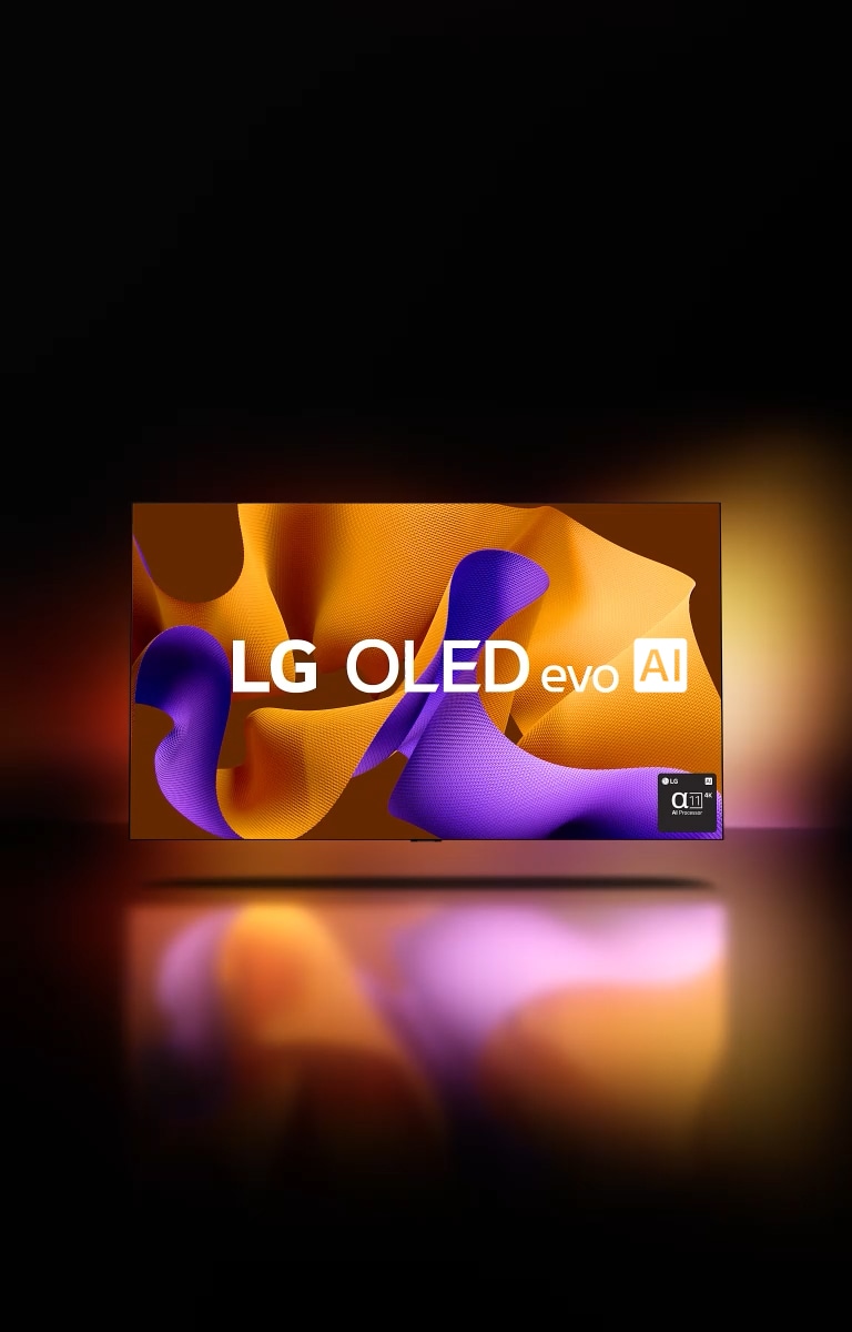 A video opens with 2013's Self Lit OLED and showcases other groundbreaking LG OLED models: the 2017 Wallpaper TV, 2020's rollable LG OLED R, 2022's LG OLED Posé, and ends with 2024's LG OLED evo, which displays a purple and orange abstract artwork, the text &quot;LG OLED evo,&quot; and the alpha 11 AI Processor logo. The colors reflect from the screen onto the floor.