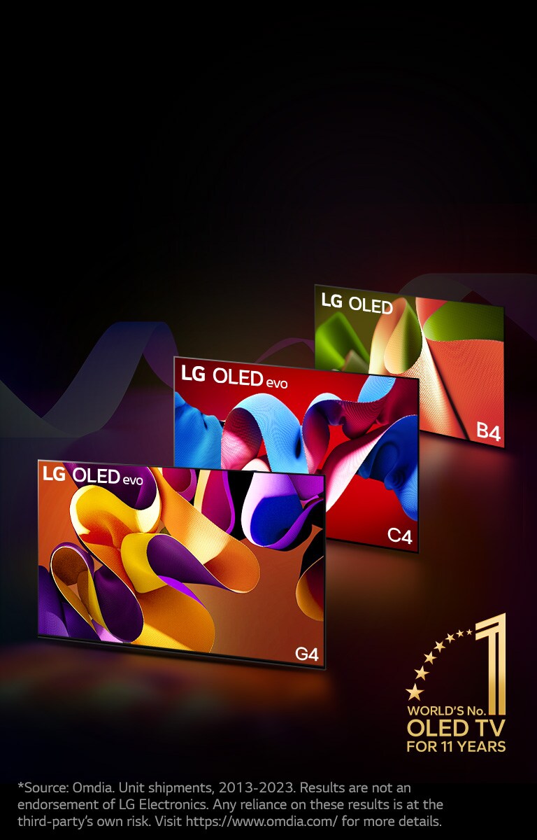 &quot;LG OLED evo TV C4, evo G4, and B4 standing in a line against a black backdrop with subtle swirls of color. The &quot;&quot;World's number 1 OLED TV for 11 Years&quot;&quot; emblem is in the image.  A disclaimer reads: &quot;&quot;Source: Omdia. Unit shipments, 2013 to 2023. Results are not an endorsement of LG Electronics. Any reliance on these results is at the third party’s own risk. Visit https://www.omdia.com/ for more details.&quot;&quot;&quot;