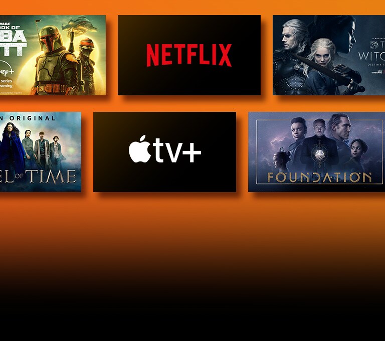 TV stands in front of an orange wall. TV shows home screen and APP lists are highlighted.