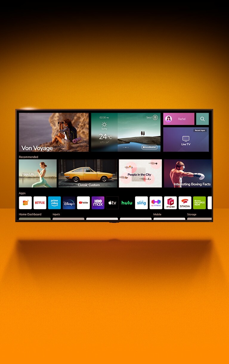 TV stands in front of an orange wall. TV shows home screen and APP lists are highlighted.