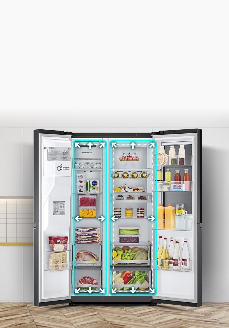 A video begins with the front view of the refrigerator with both doors wide open. The interior spaces are outlined in a neon lines and arrows begin to push the lines out to show that there is now more space inside. The neon square around the interior spaces flashes to show the difference between the new space and the old smaller space which is now outlined in a dotted white line.