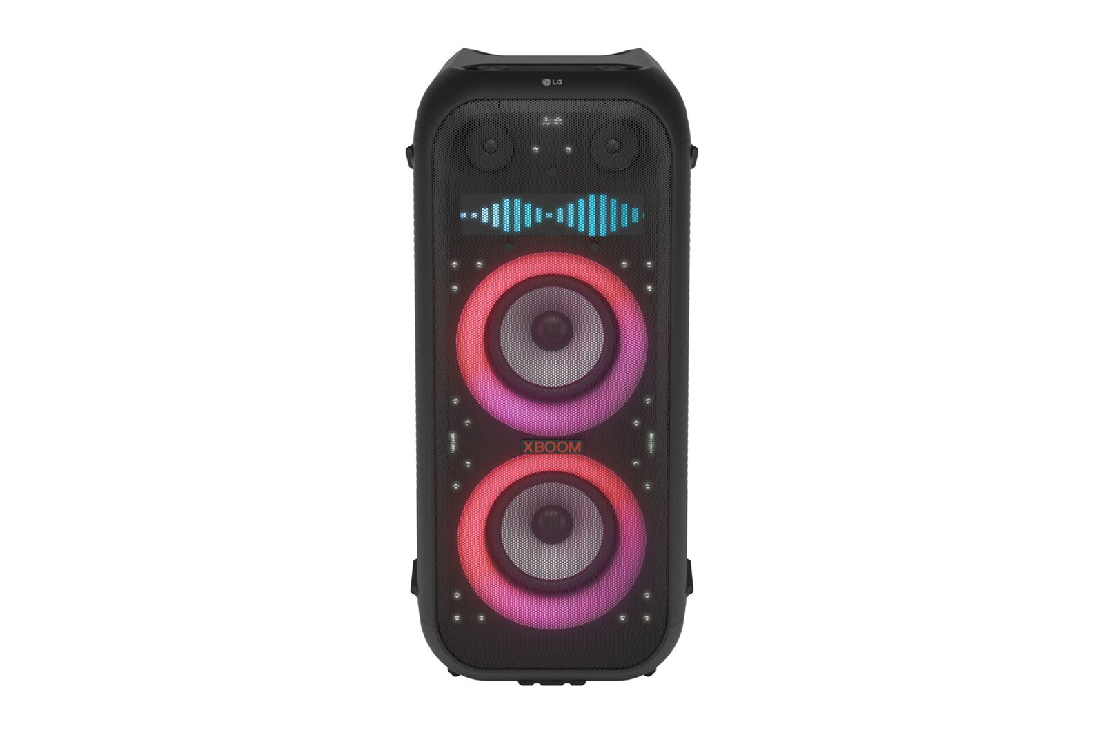 Front view with all lighting on. On the Pixel Art Display panel, it shows the sound eq.