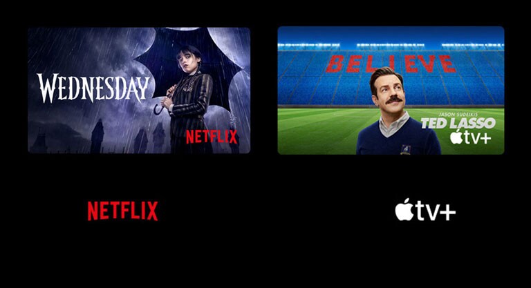 A poster of Wednesday from Netflix and Ted Lasso from Apple TV Plus.