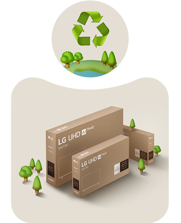 An image of LG UHD packaging against a beige background with illustrated trees.
