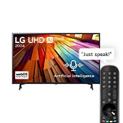 Front view of LG UHD TV, UT80 with text of LG UHD AI ThinQ, 2024, and webOS Re:New Program logo on screen