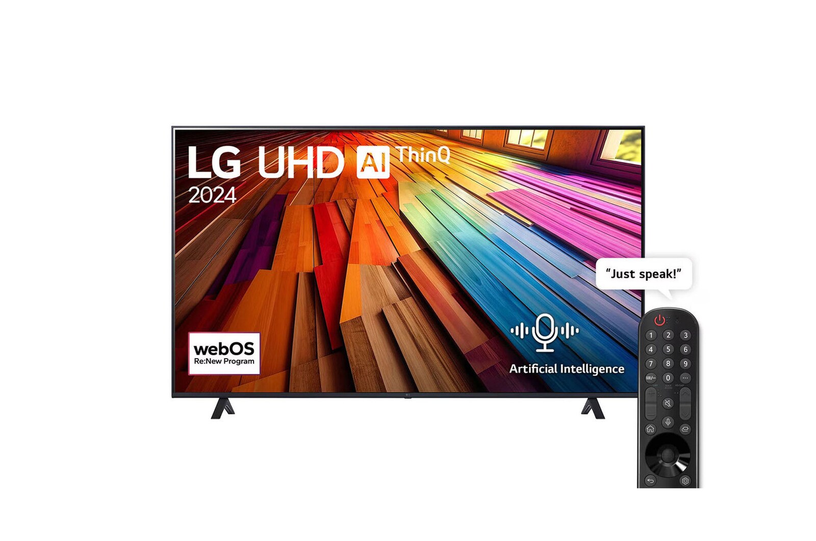 Front view of LG UHD TV, UT80 with text of LG UHD AI ThinQ, 2024, and webOS Re:New Program logo on screen
