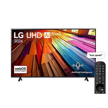 Front view of LG UHD TV, UT80 with text of LG UHD AI ThinQ, 2024, and webOS Re:New Program logo on screen